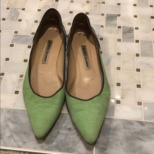 Neon green canvas Manolo Blahnik flats
